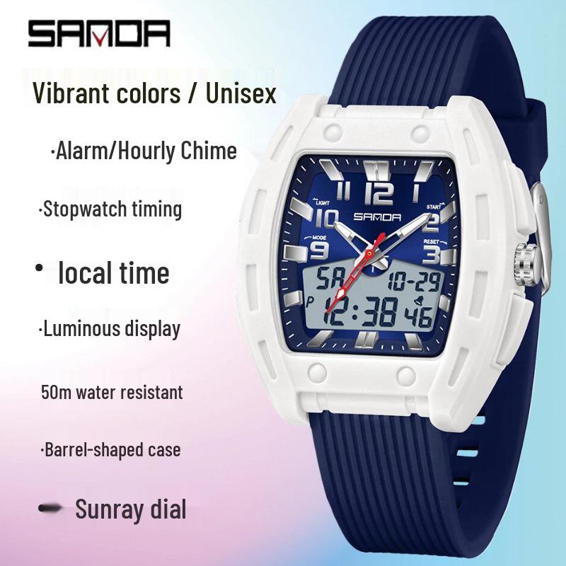SANDA Men's Waterproof Luminous Sports Watch - Countdown & Multifunctional Barrel-Shaped Electronic Watch with Large Dial