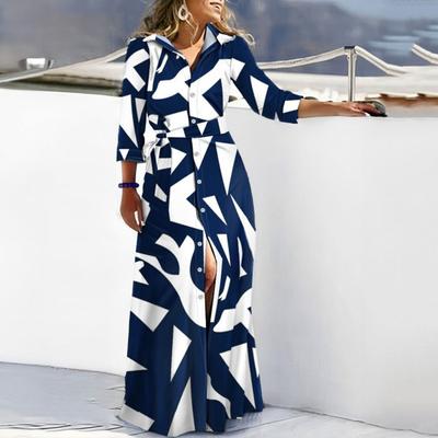 Women Spring Fall Dress Lace Up Tight Waist Striped Print Lapel Long Sleeve Single-breasted Full Length Soft Lady Party Prom Maxi Dress