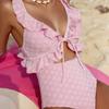 Women's Solid Pink One Piece Swimsuit Sexy Hollow Out Ruffle Swimwear, Textured Fabric Bathing Suit for Summer Beach 0972