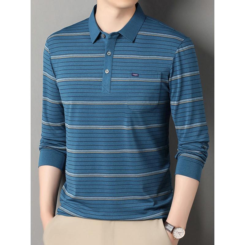Striped Long-Sleeved Shirt Spring and Autumn Middle-Aged Men's T-shirt Loose Casual Dad Wear T-shirt Undershirt Top