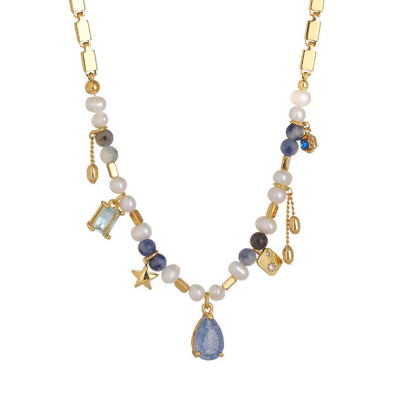 French Retro Royal Court Style Zircon & Pearl Necklace with Natural Stone Clavicle Chain