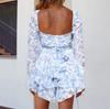 Women's Floral Print Square Neck Long Sleeve Jumpsuit with Zipper, Self-Tie Belt and Ruffle Hem