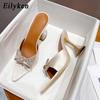 Fashion Eilyken Summer Butterfly-knot Pointed CRYSTAL Thick Heel Slippers Sexy Street Woman Square Toes Dress Shoes Zapatilla De Mujer