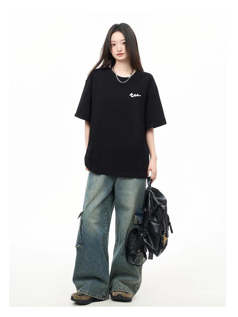 Japanese Minimalist Women's TU Print Cotton T-Shirt - Loose Short Sleeve, Round Neck, Trendy and Versatile Summer Top