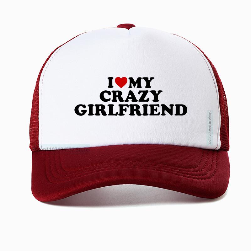 Funny I Love My Crazy Girlfriend GF Red Heart Baseball Cap Birthday Gift Summer Adjustable Mesh Breathable Trucker Hat