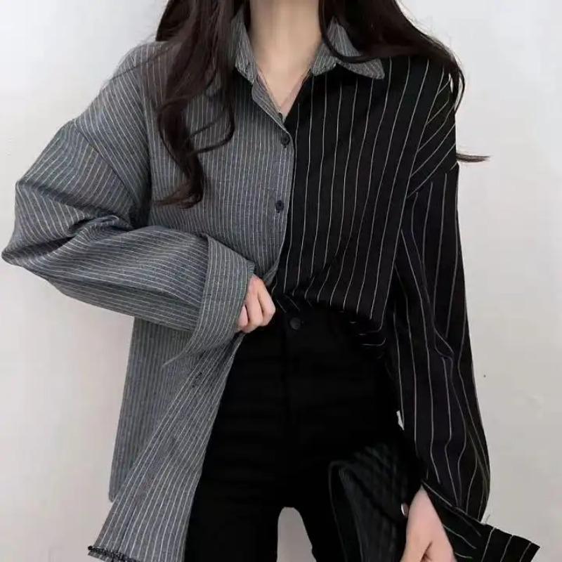 Frühling und Herbst Neue Ära-reduzierend Retro Nischen-Design Kontrastierendes Gestreiftes Hemd Damen Übergröße Lässiges Oberteil