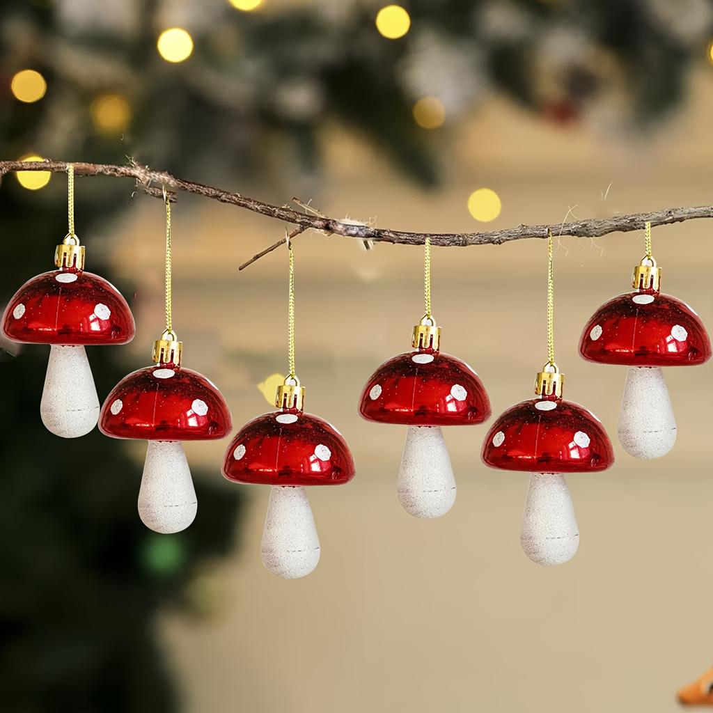 4pcs/6pcs Christmas Mushroom Hanging Decorations Red White Glossy Plastic Mushroom Ornaments with Black Dot Design, Golden Loops for Christmas Tree,
