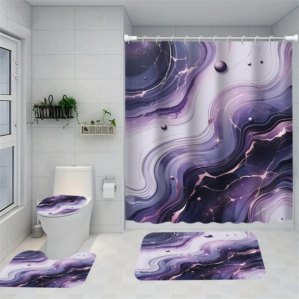 1/4 Marble Veining Shower Curtains, Toilet Seat Decoration, Shower Curtain With Carpet And Toilet Lid, 70.8X70.8 Inch
