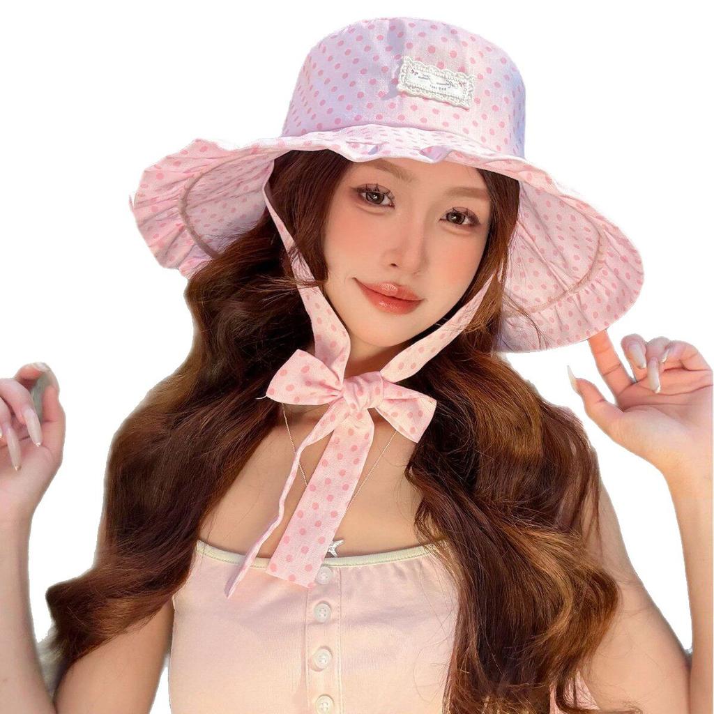 Korean Polka Dot Fisherman Hat for Women, Summer Outing, Lace-Up Strap, UV Protection, Wide Brim Sunshade Sun Protection Hat
