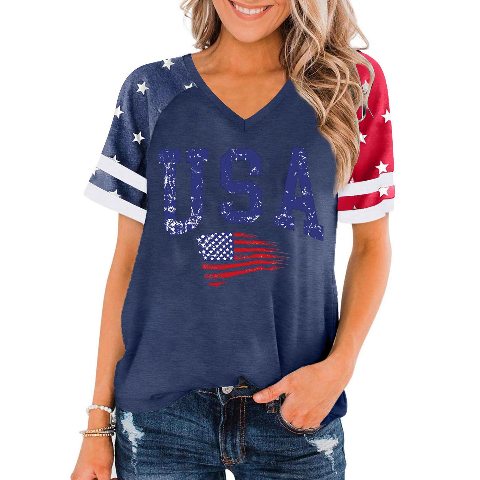 Women V Neck Pullover Short Sleeve Casual T Shirt USA Print Raglan Sleeve Top Summer Tee S