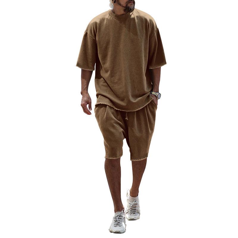 European Plus Size Casual Men's Set: Loose Short Sleeve T-shirt & Solid Color Shorts