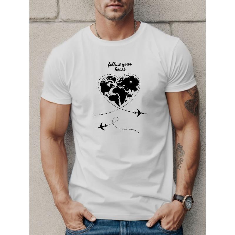 

European sizes FOLLOW YOUR HEART Print Men s Casual T-shirt, Trendy Short Sleeve Comfy Versatile Summer Tee Tops 4XL білий