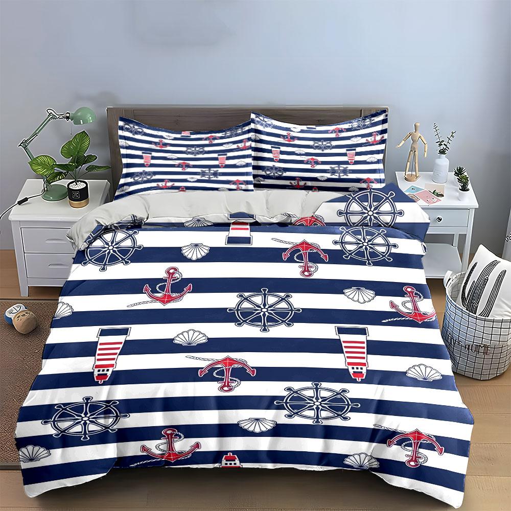 3Pcs Navy Striped Anchor Lighthouse Duvet Cover Set Nautical Wheel Seashell Bedding Single Double King Queen Gift
