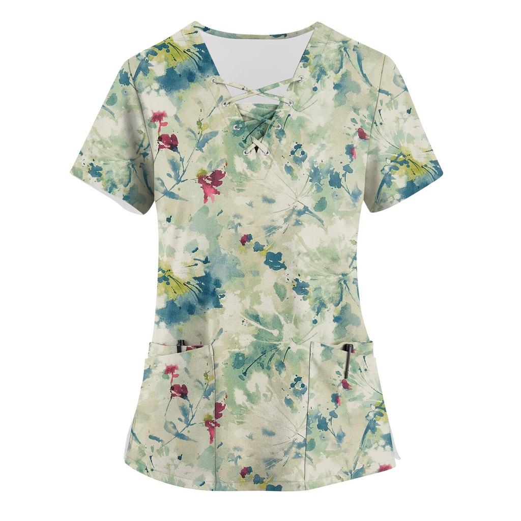 Women's Printing Short Sleeve V-neck Tops Working Pocket Blouse