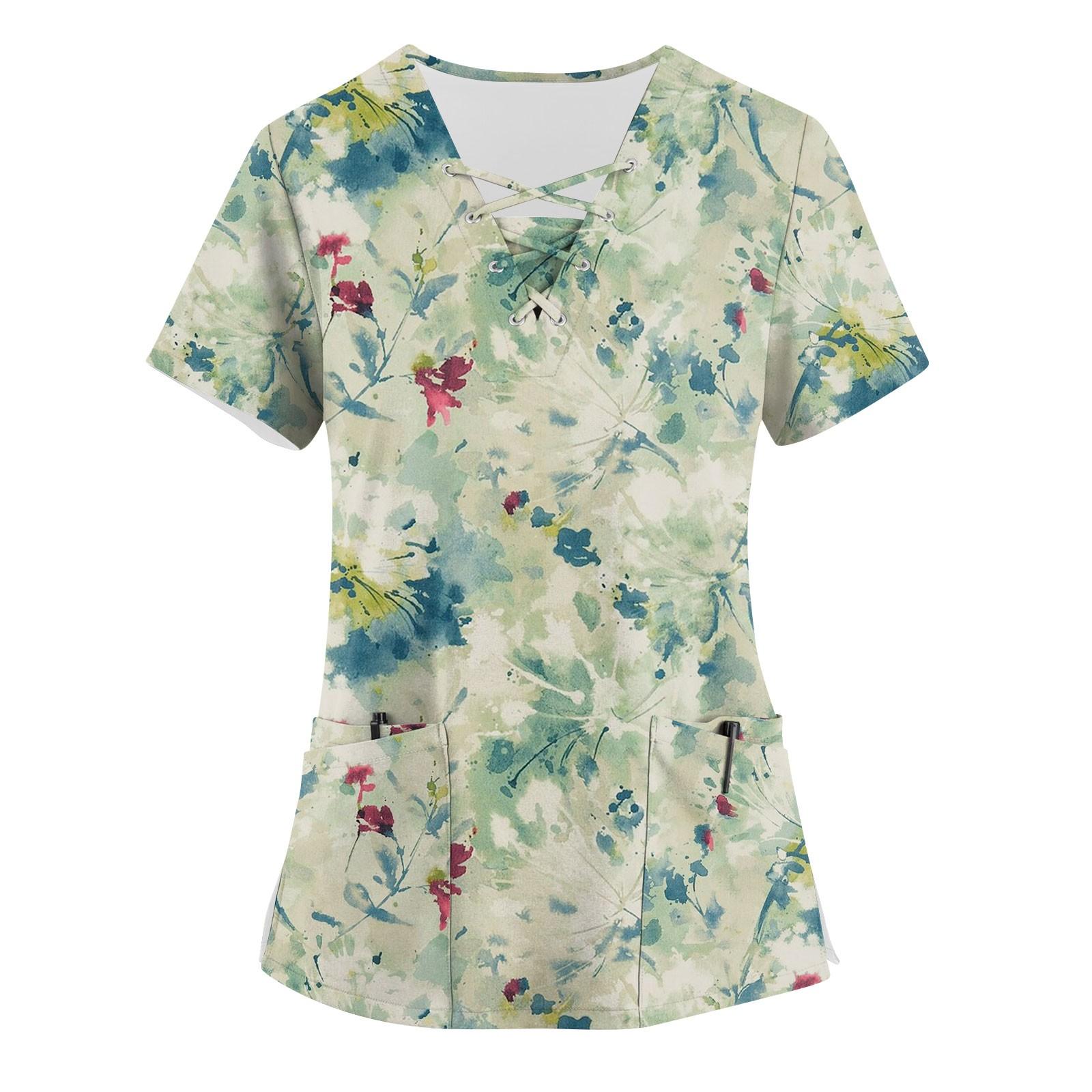 

Женские топы с короткими рукавами и v-образным вырезом с принтом, рабочая блузка с карманами L