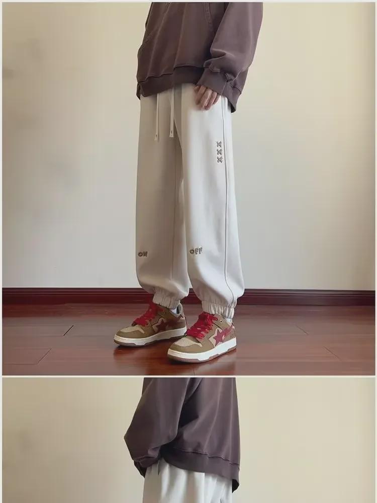 Men's Hong Kong Style Embroidered Velvet Sweatpants: Loose-Fit Casual Pants for Autumn/Winter Fashion Trend.
