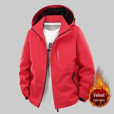 Men's Red Cotton Windproof Waterproof Plus Velvet Windbreaker Jacket - Autumn/Winter Loose Thick Outdoor Warm Work Outerwear