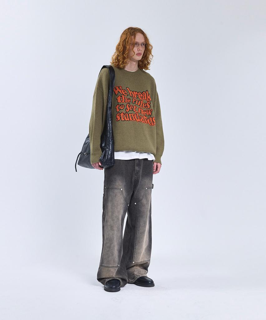 STANDARDERROR 87-Stan191 Art Lettering Oversized Jacquard Knit Khaki