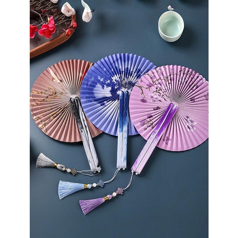 Chinese Folding Paper Fan with Tassels - Traditional Floral Design, Lightweight Plastic Portable Fan for Women, Hanfu, Home Decor, Cultural Gift