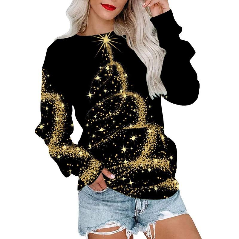 Autumn Winter Fashion Christmas Series Christmas Tree Elk Printed Pocket Round Neck Hoodie