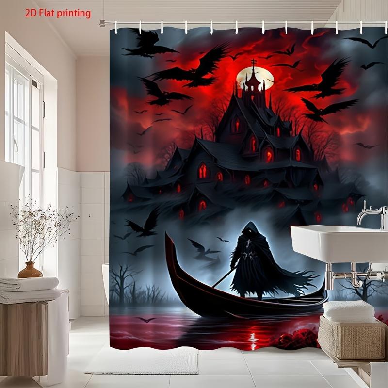 1pc Gothic Castle & Raven Shower Curtain - Medieval Dark Fantasy Bathroom Decor with Hooded Knight & Blood Red Moon Design, He 90x180cm