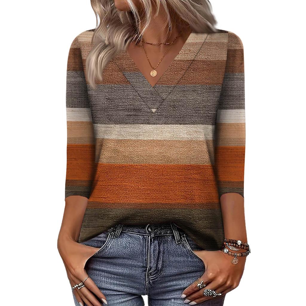 Women's 3/4 Sleeve Shirts V Neck Print Tops Casual Tops Basic Tees Blouse Loose Tops