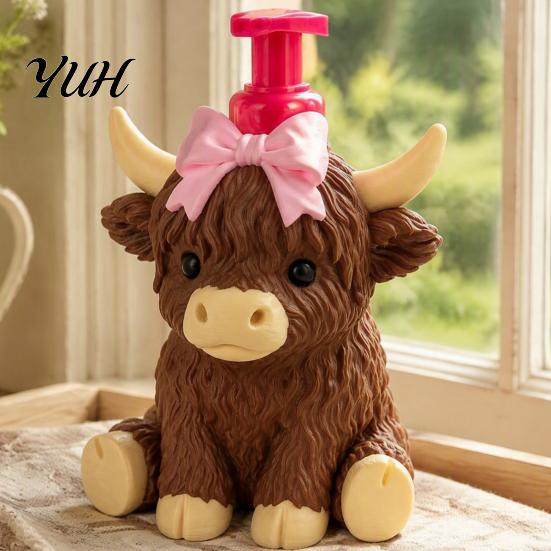 Countertop Soap Dispenser Highland Cow Dispenser, Pink Bow Cattle Refillable Hand Decorative Bottle, Plastic Empty Pump Bottle for Bathroom,