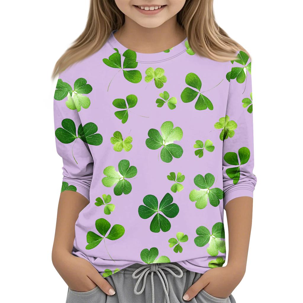 St. Patrick's Day Print Tops For Youth Girls 4-11 Years Round Neck 3/4 Sleeves T-Shirts Trendy Tops Outfit Tees
