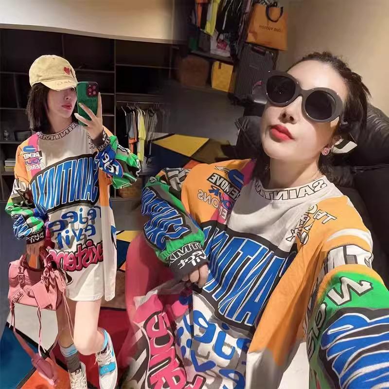 

Женская футболка с длинным рукавом большого размера с принтом граффити - Осенняя повседневная свободного кроя L