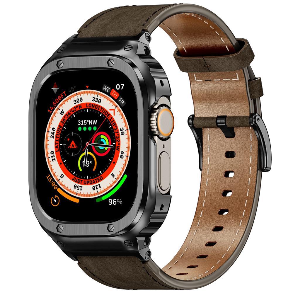 Metal Case+Genuine Leather Strap For Apple Watch Band 44mm 45mm 49mm 40mm 41mm 45 mm bracelet iwatch series se 8 7 6 5 4 ultra 2
