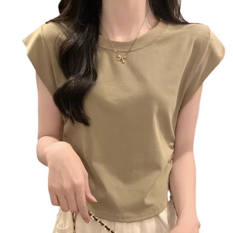 Women's 2025 Summer Straight Shoulder Slimming Fly Sleeve T-Shirt with Ruched Waist