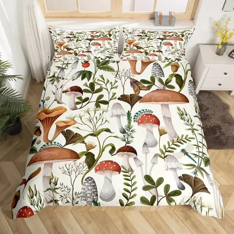 Cute Mushroom Duvet Cover Set Microfiber Hippie Theme Exotic Plant Mushrooms Bedding Set Kawaii Fungus Comforter Cover Twin King