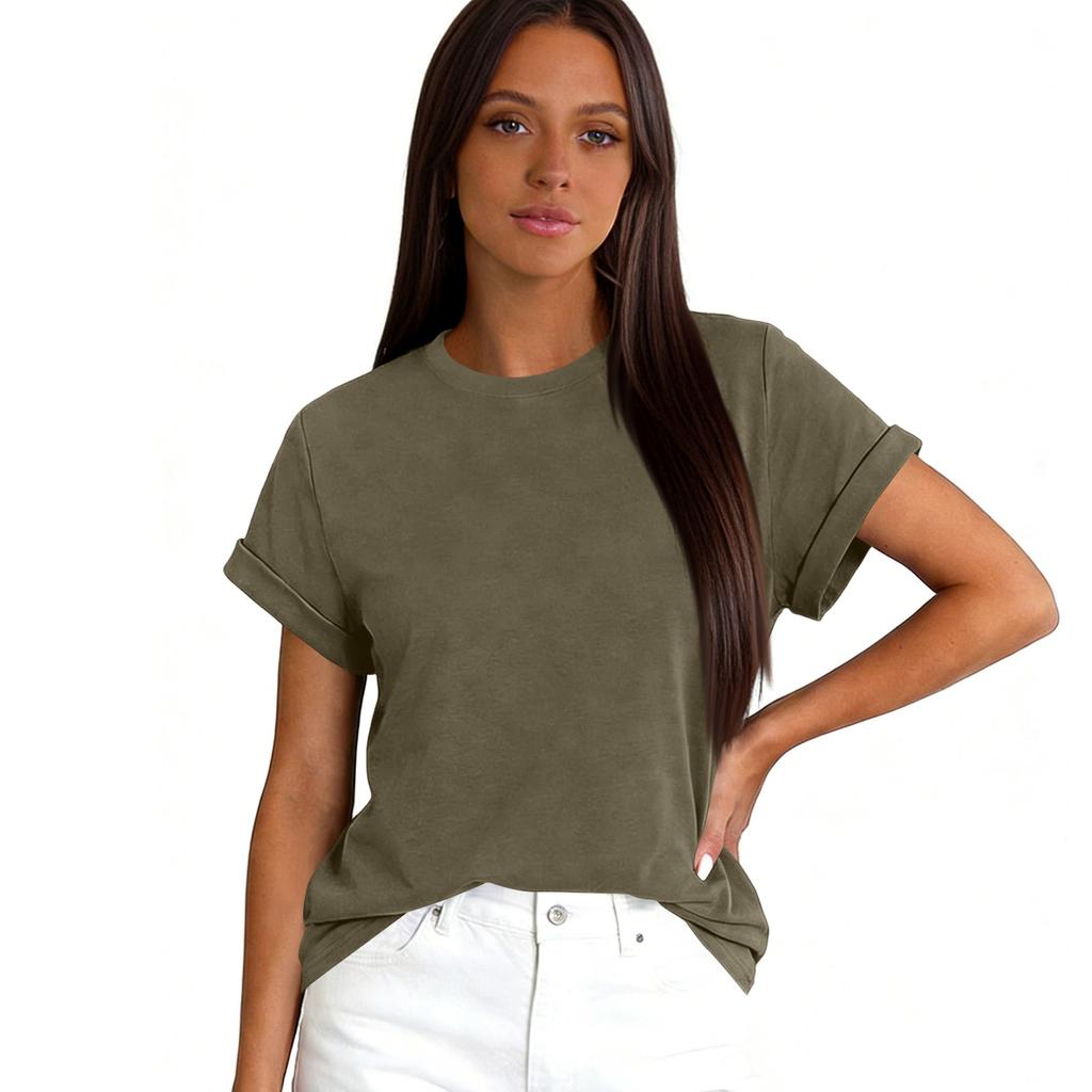 Womens  Casual Rolled Short Sleeve Basic Tees Fashion Tops
