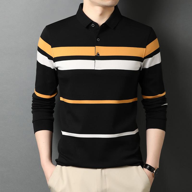 Spring New Men's Long-Sleeved T-shirt Polo Collar Stripes Bottoming Shirt Young and Middle-Aged Men's Clothing Loose
