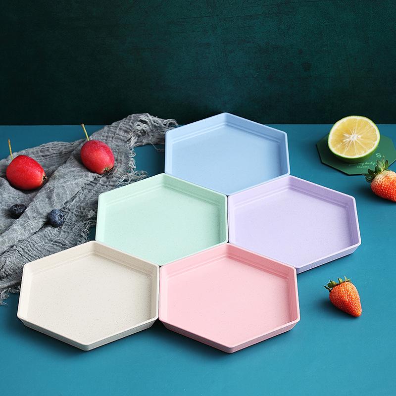 Wheat Straw Plate Household Creative Hexagonal Plate Fruit Plate Cute Small Vegetable Plate Japanese Platter Dining Table