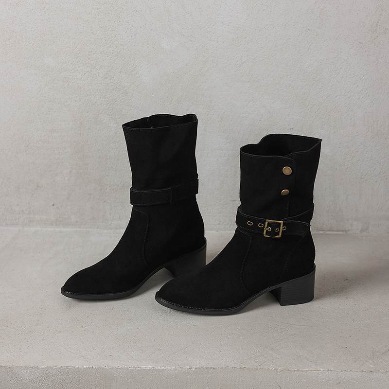 Krazing Pot Cow Suede Nubuck Winter Round Toe Modern Boots Med Heels Slip on Metal Rivets Women Mid-calf Boots