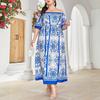 Plus Size Off-Shoulder Blue & White Porcelain Print A-Line Dress for Women