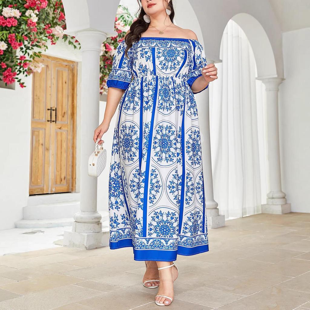 Plus Size Off-Shoulder Blue & White Porcelain Print A-Line Dress for Women