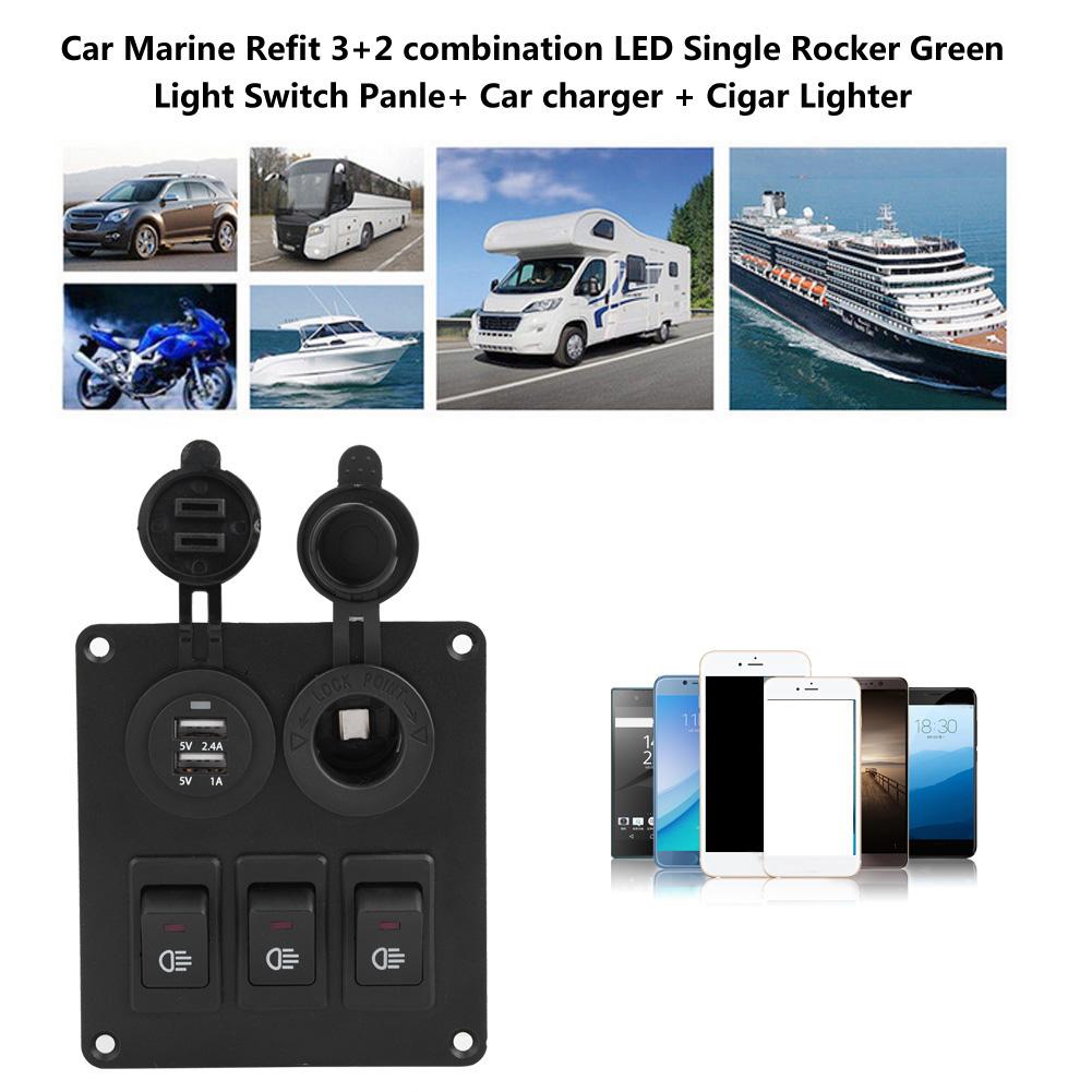 Car Marine 3+2combination LED Single Rocker Green Light Switch+Car Charger  Cigar Lighter Red