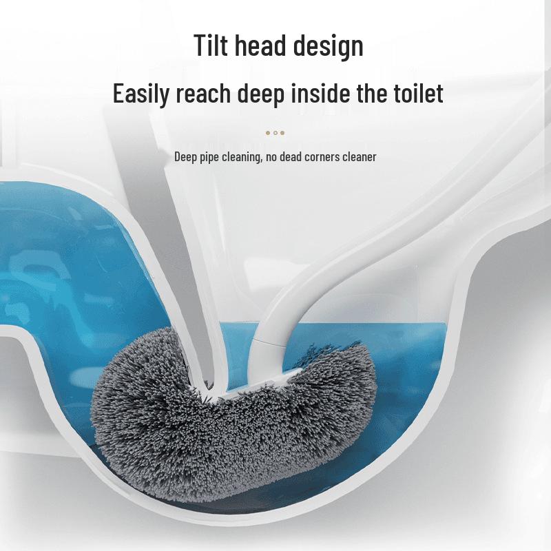 Japonská nástěnná WC čisticí štětka s hlavicí směřující nahoru a dlouhou silikonovou rukojetí