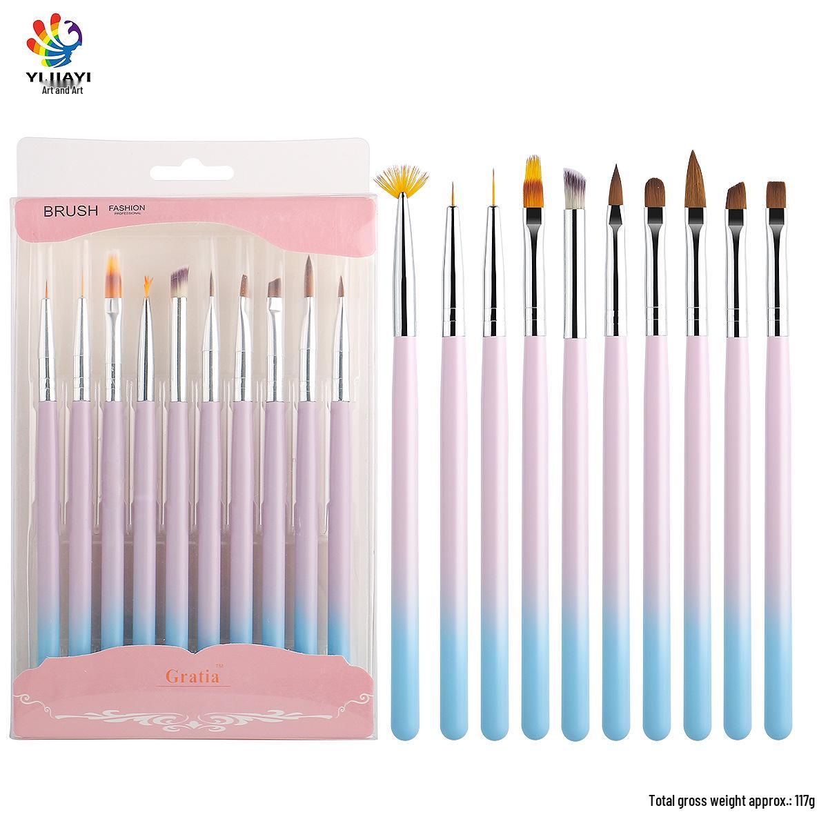 

Blue-Pink Gradient Metal Handle Nail Art Brush Set (10-Piece) - Boxed for Carving and Ombre Designs