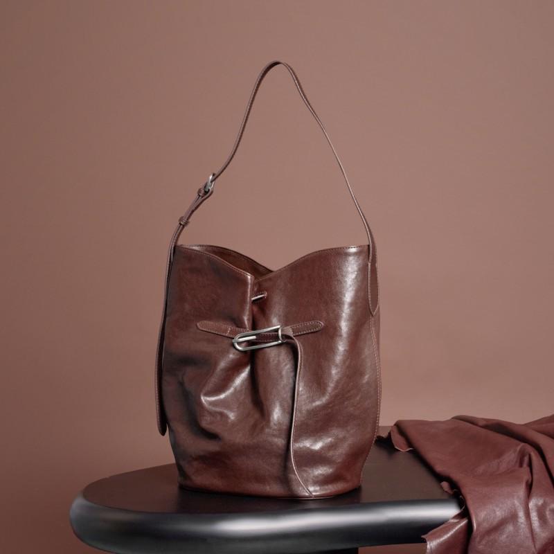 

Handbag Leather Retro Top Layer Crystal Vegetable Tanned Cowhide Bucket Bag Large Capacity Women s Armpit Shoulder 24.5x18x32.5CM света кофе