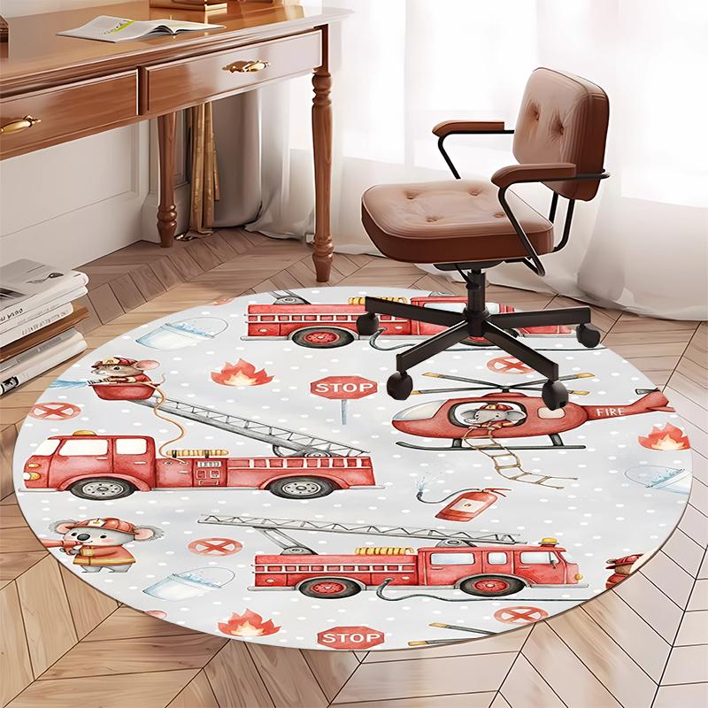 Fire Truck Printed Round Rug Carpet Chair Rug Area Rug Entryway Doormats,for Office Chair Living Room Bedroom Kitchen Room.