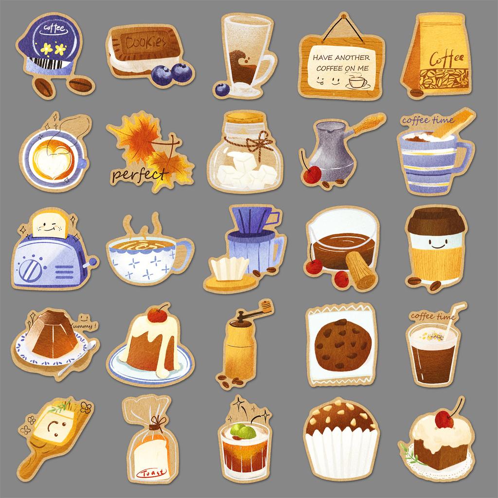 50 Creative Coffee Stickers Cartoon Hand-painted Small Fresh Decorative Mobile Phone Case Water Cup Sealing Sticker Hand Account Sticker