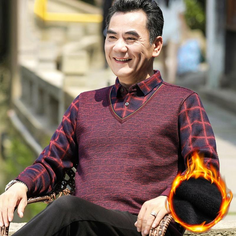 

Men s Warm Knitted Sweater Men s Fake Two-piece Dad Outfit Winter Plus Velvet Thick Sweater Men 4XL