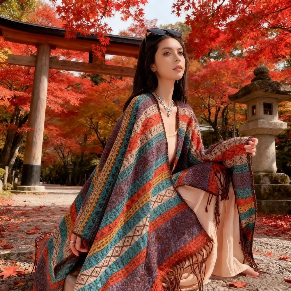 Winter New Scarf Ethnic Style Shawl Striped Cape Versatile Travel Warm