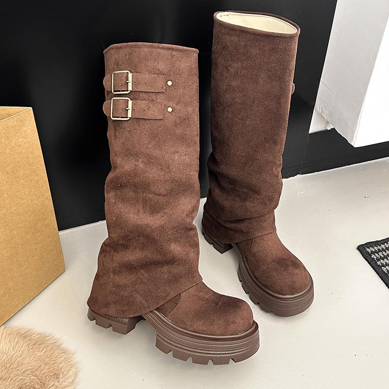 Fashion Belt Buckle Square Heels Woman Knight High Boots Street Style Party Dress Long Booties Autumn Winter Ladies Shoes