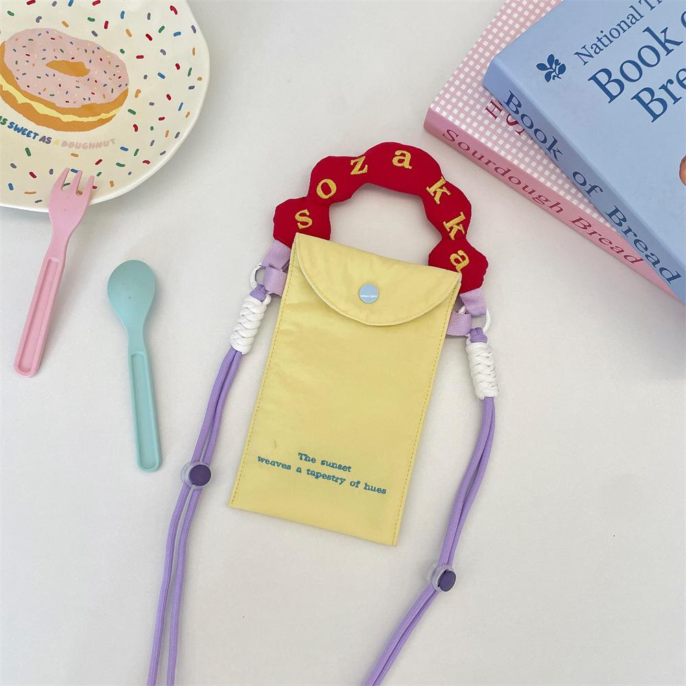 1 New Contrasting Color Embroidery Mobile Phone Bag Mini Handbag Small Fresh Canvas Portable Messenger Mobile Phone Bag