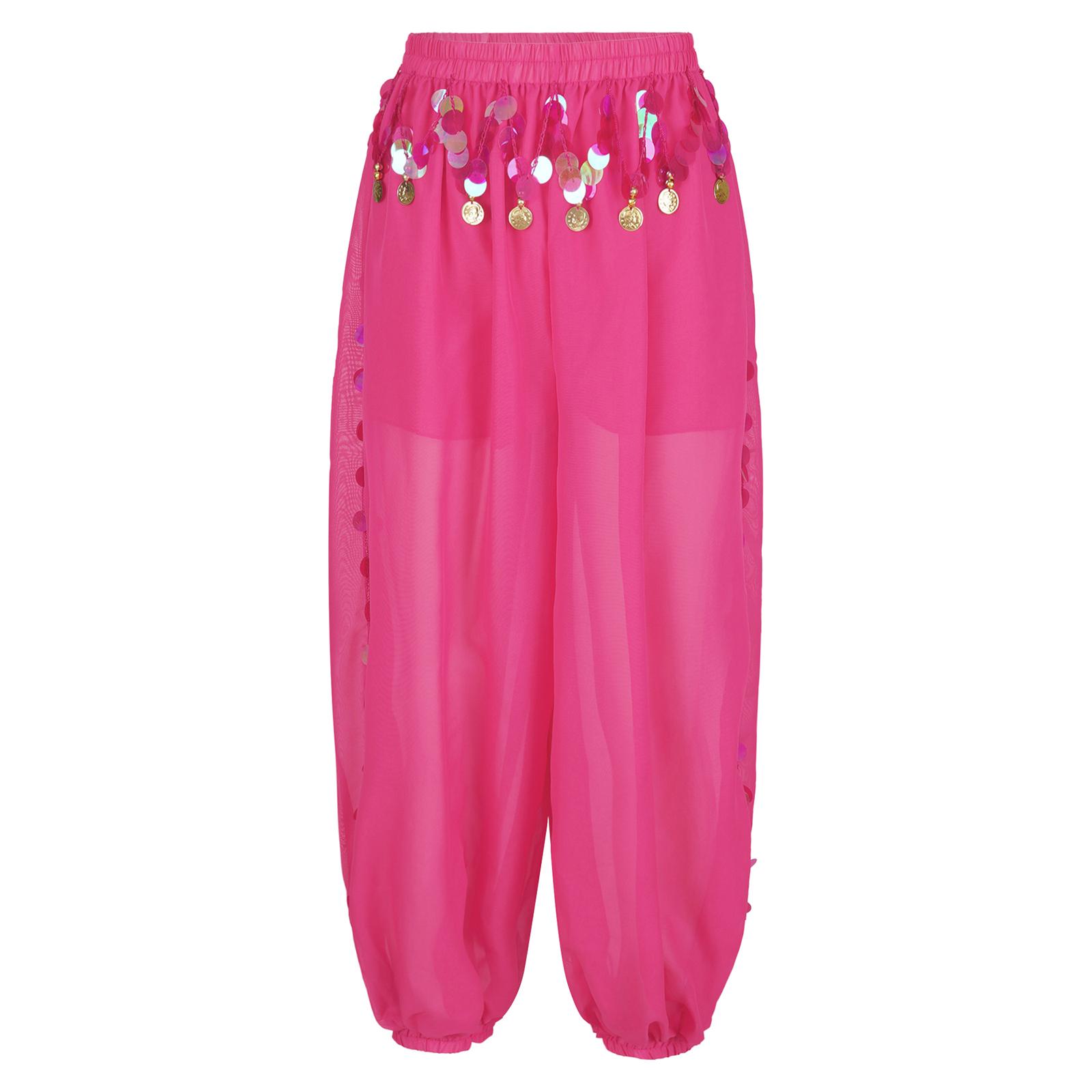 

Womens Belly Dance Stage Performance Costume Side Split Sequins Bloomers Semi See Through Loose Pants Dance Wear One Size гарячі рожевого кольору