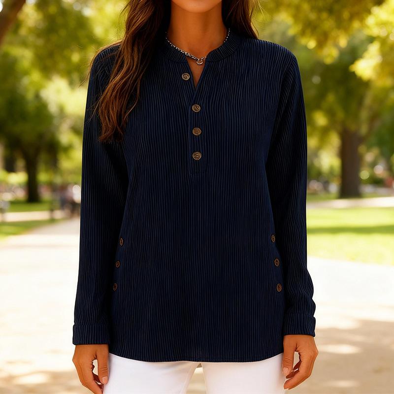 Blusa Informal de Terciopelo Rojo para Mujer Otoño, Cuello Henley con Botones, Dobladillo Curvo